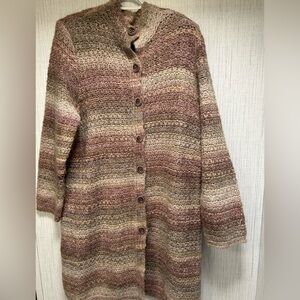 J Jill Wool Alpaca Blend Pink Multicolor Chunky Knit Long Line Button Cardigan L